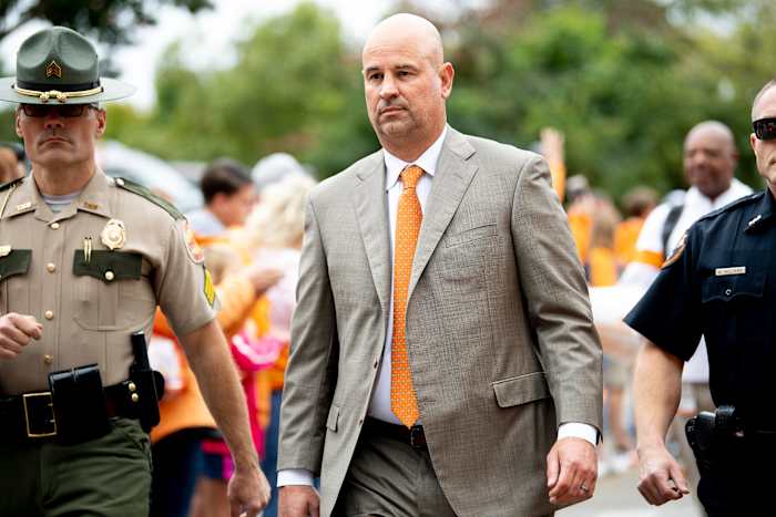Tennessee Head Coach Jeremy Pruitt walks during the Vol Walk ahead of a game between Tennessee and Mississippi State in Neyland Stadium in Knoxville, Tenn. on Saturday, October 12, 2019. Utvmstate1005